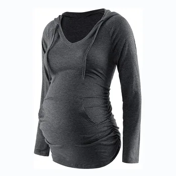 Женская туника для беременных Топы Рубашка для беременных с длинным рукавом Лестная сторона Рюши O Шея Футболка для беременных Повседневная одежда - Изображение 2  