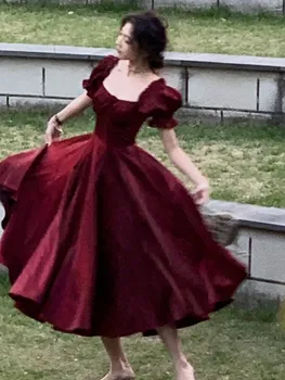  французский винтаж бордовое вечернее платье для вечеринок женщины 2023 лето элегантное романтическое выпускное vestidos корейское выпускное платье А-силуэта - Изображение 2  