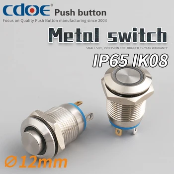 Популярная оптовая продажа, 12-миллиметровый металлический кнопочный переключатель, высокая головка, 2 контакта, мгновенно нормально разомкнутый, IP65 - Изображение 2  