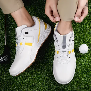  Новые водонепроницаемые мужские туфли для гольфа Белые кожаные нескользящие кроссовки для гольфа без шипов Женские кроссовки для тренировок по гольфу Спортивная обувь для гольфа - Изображение 2  