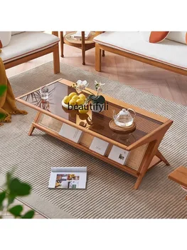  Северный стиль Массив дерева Бытовой прямоугольный чайный столик из ротанга Стеклянный стол в японском стиле в стиле ретро для небольшой квартиры в гостиной - Изображение 2  