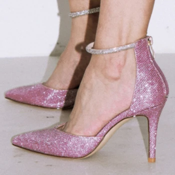 2023 Новый остроконечный каблук на шпильке с блестками пряжка ремешок полая одинарная обувь женская банкетная свадебная обувь - Изображение 2  