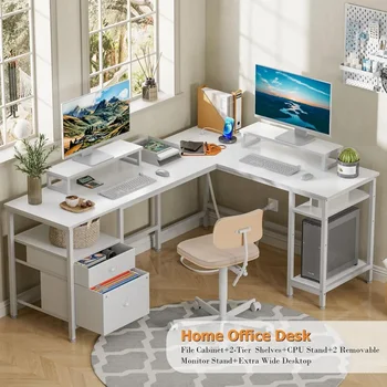 белый 66 дюймов L-образный стол с розеткой Реверсивный компьютерный стол с ящиком для файлов и 2 подставками для мониторов Принадлежности для домашнего офиса ПК - Изображение 2  