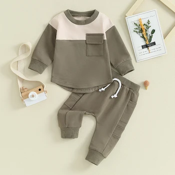 Одежда для малышей и мальчиков Толстовка с длинным рукавом контрастного цвета и брюки-джоггеры 6 12 18 24M Осенне-зимний наряд - Изображение 2  