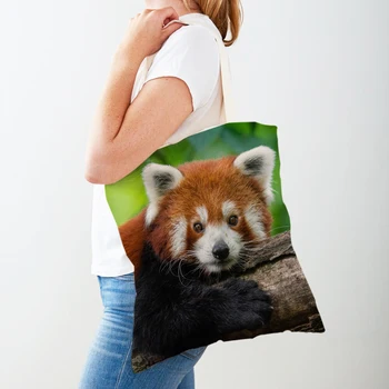 Wild Animal Cute Red Panda Women Canvas Shopping Bag Многоразовая двусторонняя многоразовая сумка для девочек Lady Travel Shoulder Tote - Изображение 2  