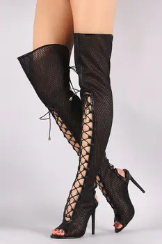 сексуальная женщина Черная сетка выше колена сапоги гладиатор ажурная сандалия сапоги высокий каблук summe бедра сапоги Mujer Slingbacks обувь женщина - Изображение 2  