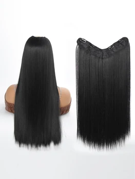 Синтетический длинный прямой V-образный парик для наращивания волос 24-дюймовый натуральный черно-коричневый 4 зажима в одном куске - Изображение 2  