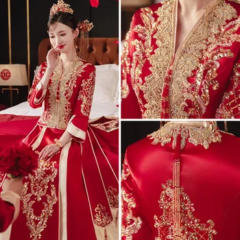 Китайский стиль Невеста Свадебное платье Qipao Классическая традиция Cheongsam Свадебное платье Костюм Изысканная вышивка Тан Костюм Одежда - Изображение 2  