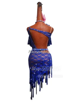 Латиноамериканский танец Конкурс Представление Костюм Взрослый Дочь Детское сокровище Синяя юбка с кисточками Кружевная диагональная юбка - Изображение 2  
