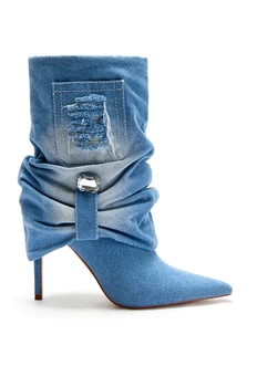 2023 Осенняя мода Женщины Синие ковбойские сапоги Леди Ретро Обувь до середины икры Твердые нескользящие тонкие короткие сапоги на высоком каблуке 44 - Изображение 2  