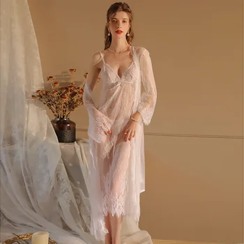 Кружевной лайнер Женская ночная рубашка Сексуальные платья для сна Ночное платье Два предмета Набор Женские ночные рубашки Nuissette Femme Nuit - Изображение 2  