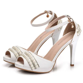 женские сандалии свадебный банкет PU стразы пряжка ремешок 10 см тонкие высокие каблуки с открытым носком сандалии женская обувь 2020 размер 35-42 белый - Изображение 2  