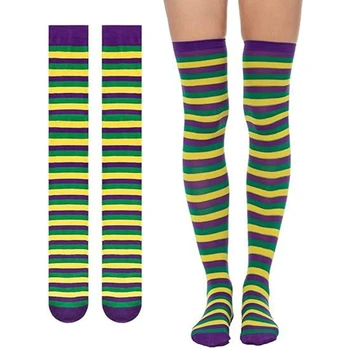 Высокие носки до бедра Марди Гра Карнавальная вечеринка Косплей Разноцветные полосатые чулки - Изображение 2  